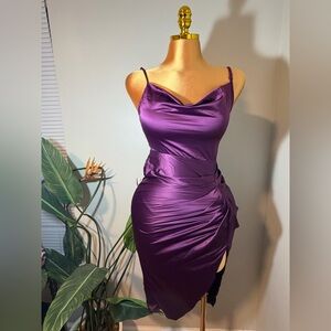 Satin Asymmetrical Cowl Ruched Dress in Deep Purple